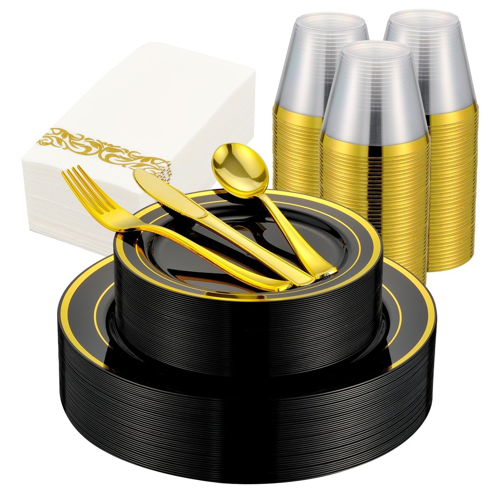 350pcs Black and Gold Dinnerware Set for 50 Guests, Graduation Plates, Black …