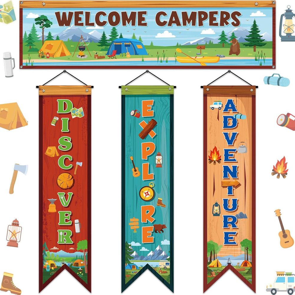 4 Pcs Camping Themed Party Decorations Welcome Campers Door Banner Camping Porch