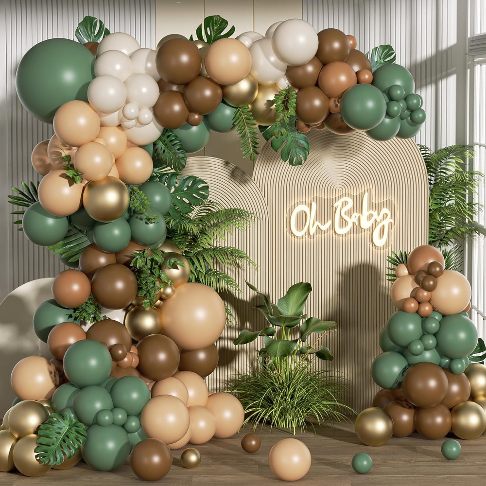 152pcs Sage Green Brown Balloon Garland Kit, Jungle Safari Woodland Balloon A…