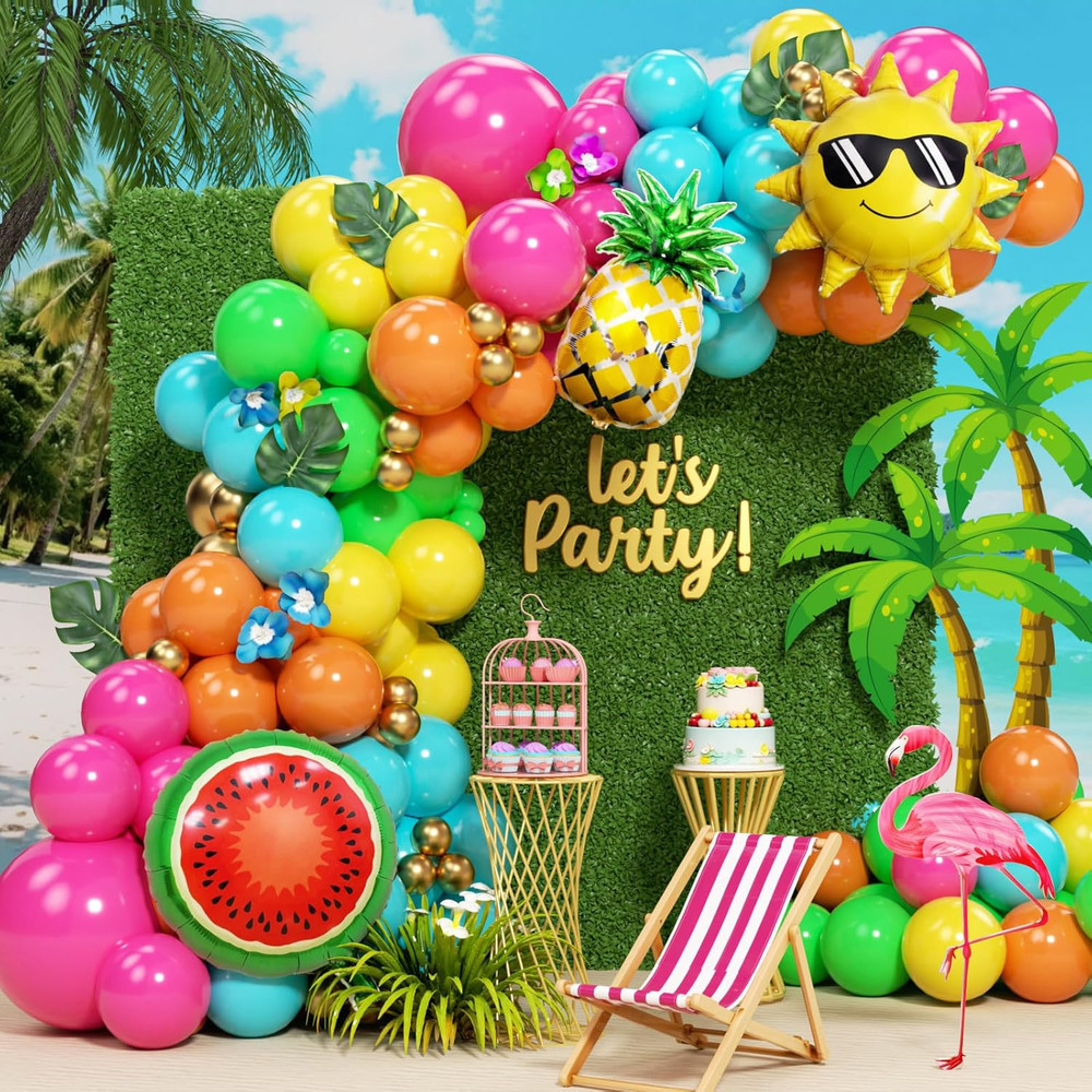 Tropical Hawaiian Summer Balloon Garland Arch Kit 152Pcs, Hot Pink Orange Yellow