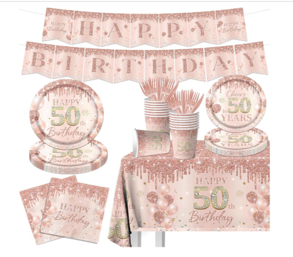 142pcs 50th Birthday Rose Gold Supplies Glitter Pink Rose Gold Tableware Include