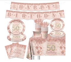 142pcs 50th Birthday Rose Gold Supplies Glitter Pink Rose Gold Tableware Include