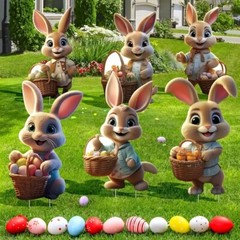 6 PCS of Easter 2D Flat Plastic Rabbit Garden Stake Yard Sign Garden Decoration
