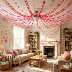 309pcs Sunset Party Decorations Hot Pink Orange Ceiling Chain Strip and Star …