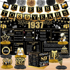 89Th Birthday Decorations for Women Men, 18PCS Black Gold Back in 1937 Banner De