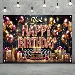 Happy Birthday Backdrop Banner for Women Girls 5.92 ft x 3.58 ft, Gold Pink