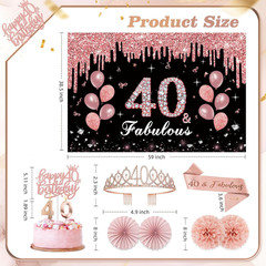 40Th Birthday Decorations for Women,52Pcs PRE-STRUNG Rose Gold Black Party Set-4