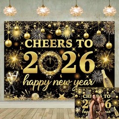 2026 New Year Backdrop Black Gold Party Decor – NYE Photography Background 7x5FT