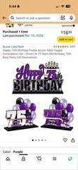 LINGTEER 75th Birthday Purple Acrylic Cake Topper Set of 3 Table Toppers