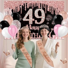 49th Birthday Decorations Set – 49pcs Black & Rose Gold Banner, Sash, Cake Toppe