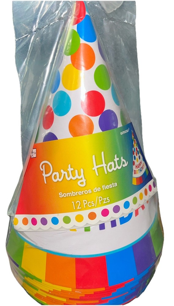 Rainbow Cone Party Hats Happy Birthday Kids Adults 12pcs NEW