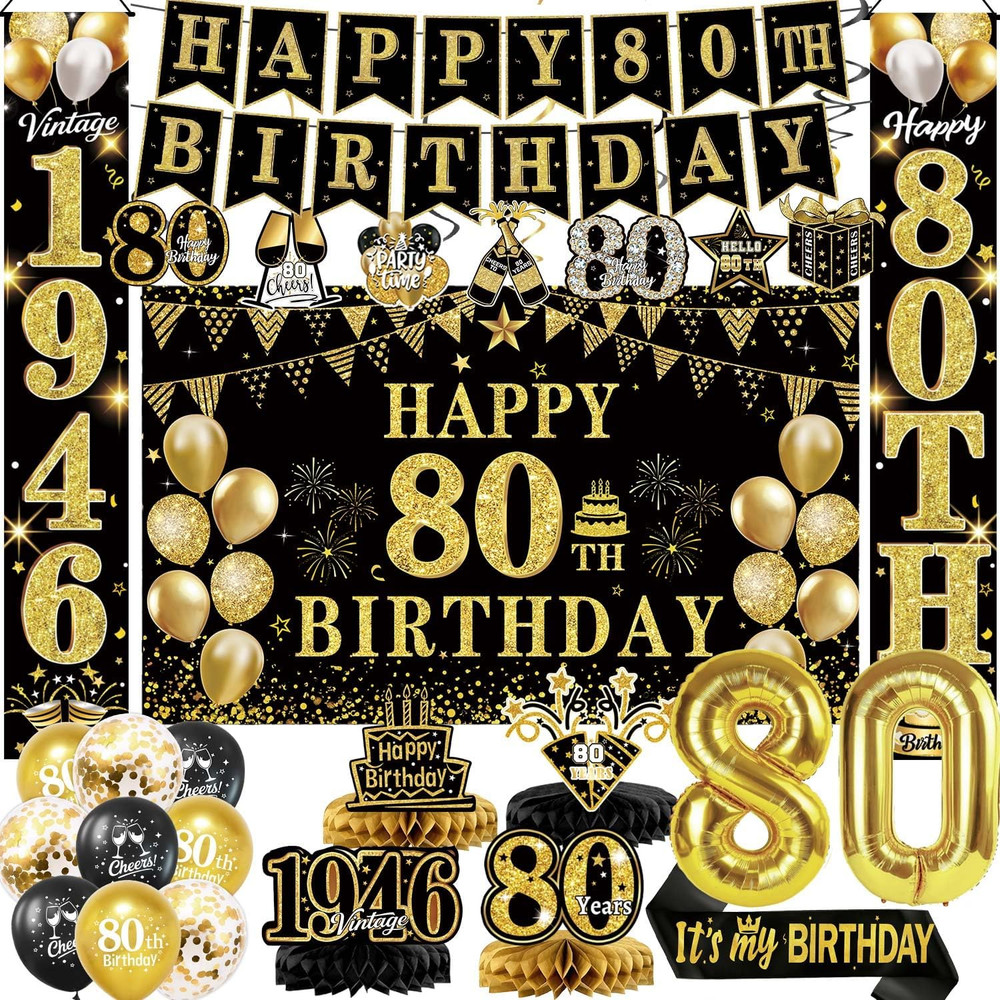 80th Birthday Decorations for Men and Women, Black and Gold Vintage Party Suppli