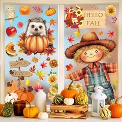 Fall Window Clings, 9 Sheets 99 Pcs Autumn Scarecrow Woodland