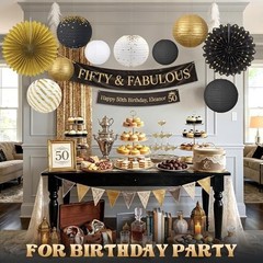 Black and Gold Party Decorations Set with Hanging Paper Lanterns Fans for Gra…