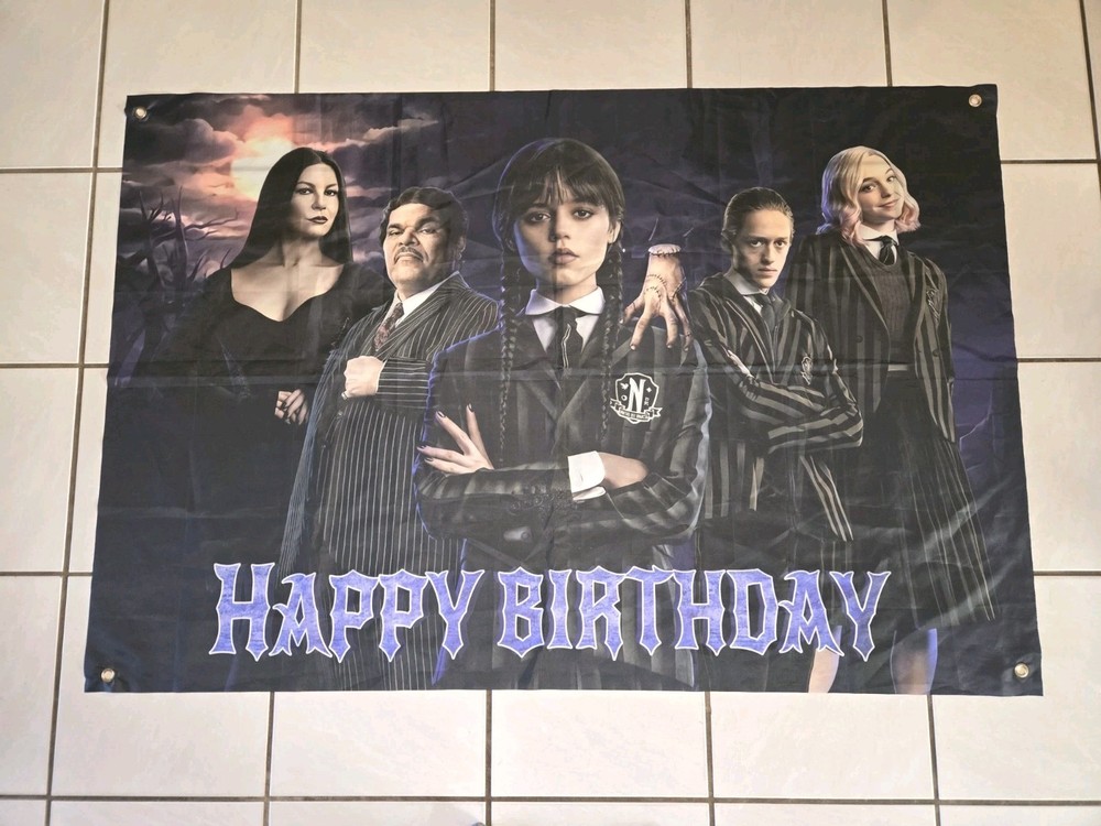 Wednesday Addams Happy Birthday Sign Banner Cloth Party Decoration 68″ x 42″