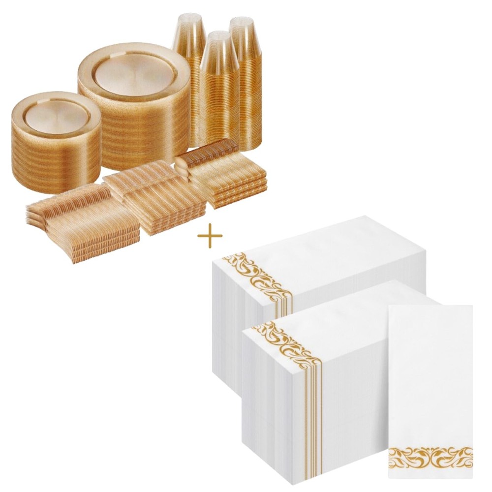 Goodluck 800 Piece Gold Glitter Dinnerware Set for 100 Guests, Plastic Plates…