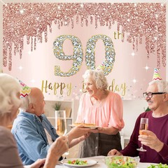 Happy 90Th Birthday Banner Backdrop Decorations for Women, Rose Gold 90 Birthday