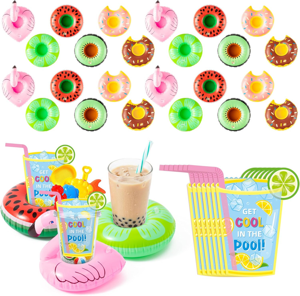 24 Pack Inflatable Drink Floaties with Decor Cards, 6 Fun Styles Pool Cup Holder