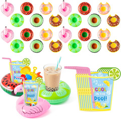 24 Pack Inflatable Drink Floaties with Decor Cards, 6 Fun Styles Pool Cup Holder