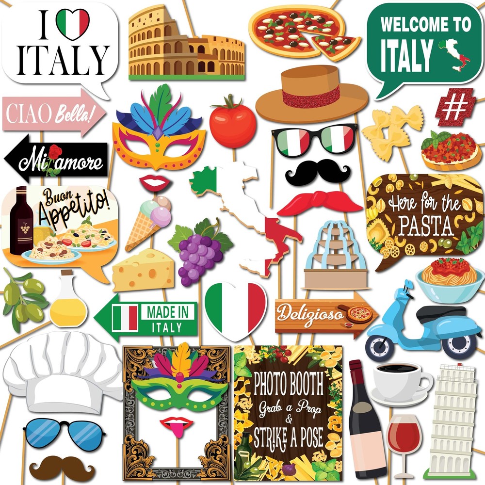 Italian Photo Booth Props 41-pc Kit 8×10 Inch Sign 60 Pads 45 Sticks Decor
