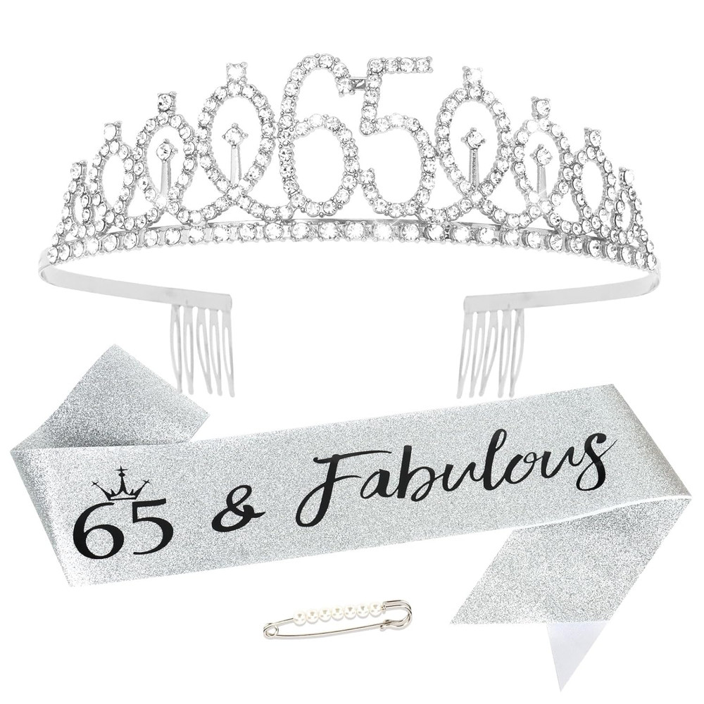 65th Birthday Sash and Crown Set Silver 65 & Fabulous Tiara Kit Birthday Gifts W