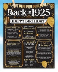100th Birthday 1925 Poster Back in 1925 Party Decorations 11×14 Unframed Print