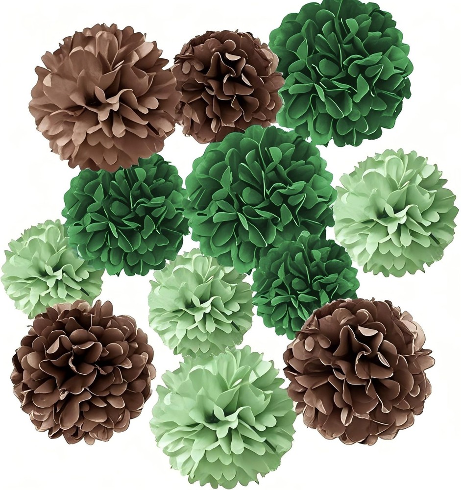 Green Brown Tissue Paper Pompoms Flower Ball Birthday Bridal Shower 12 PCS