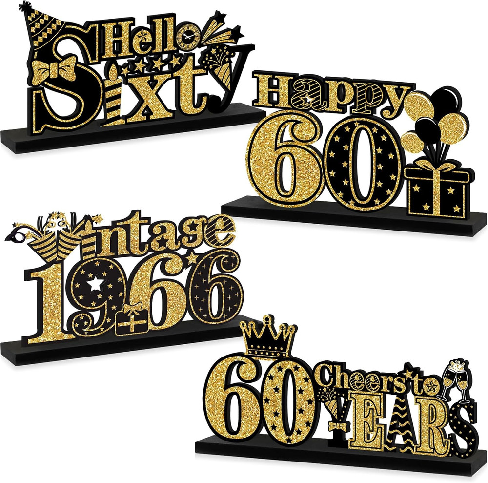 4 Pieces 60Th Birthday Decorations Wooden Vintage 1966 Table Party Supplies, Bla