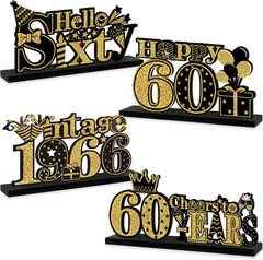4 Pieces 60Th Birthday Decorations Wooden Vintage 1966 Table Party Supplies, Bla