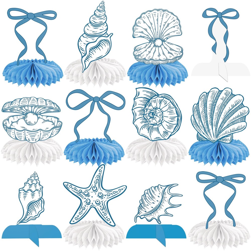 Blue Bow Starfish and Seashell Honeycomb Centerpieces 12PCS Ocean Coastal Bac…