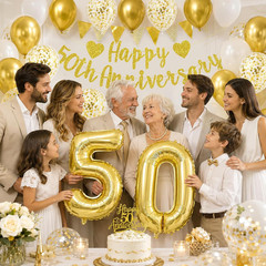 White Gold 50Th Anniversary Decor Set，Gold Glitter Happy 50Th Anniversary Banner