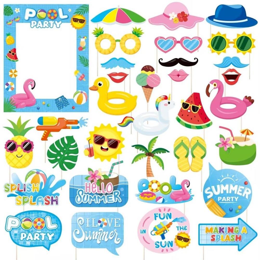 33 PCS Blue Frame Pool Party Photo Booth Props Summer Beach Theme Decorations