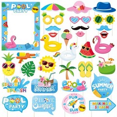 33 PCS Blue Frame Pool Party Photo Booth Props Summer Beach Theme Decorations
