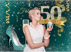 Teal Gold Happy 50Th Birthday Backdrop Glitter Silver Dots High Heels Champagne
