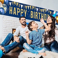 Happy Birthday Yard Sign Banner – Large 118″ x 19.7″ Navy Blue and Gold