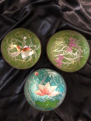 3 Coconut Shell Bowls Hand Painted Dragonflies Lotus Flower Gold Fish Luau Party
