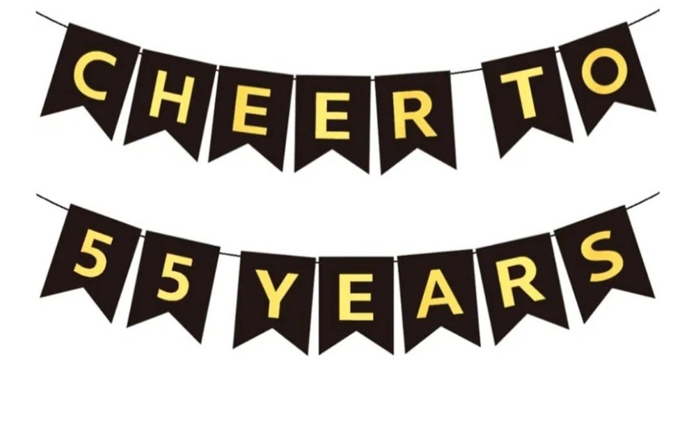 «Cheers to 55 Years» Anniversary banner party decorations 24 Spirals Gold Silver
