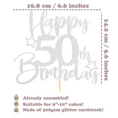 1 PC 50th Birthday Cake Topper DoubleSided Silver Glitter Star Decoration