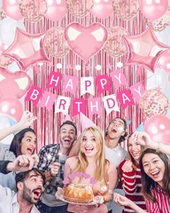 Pink Happy Birthday Party Decorations, Happy Birthday Banner, Pink Foil Heart…
