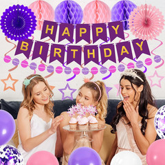 69-Piece Purple Birthday Decor Kit: Banner, Balloons, Fans, Swirls & Toppers Set