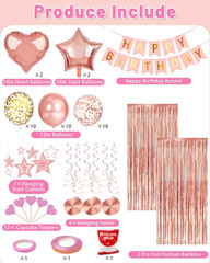 Rose Gold Birthday Decorations Set Banner Balloons Curtain Party Decor