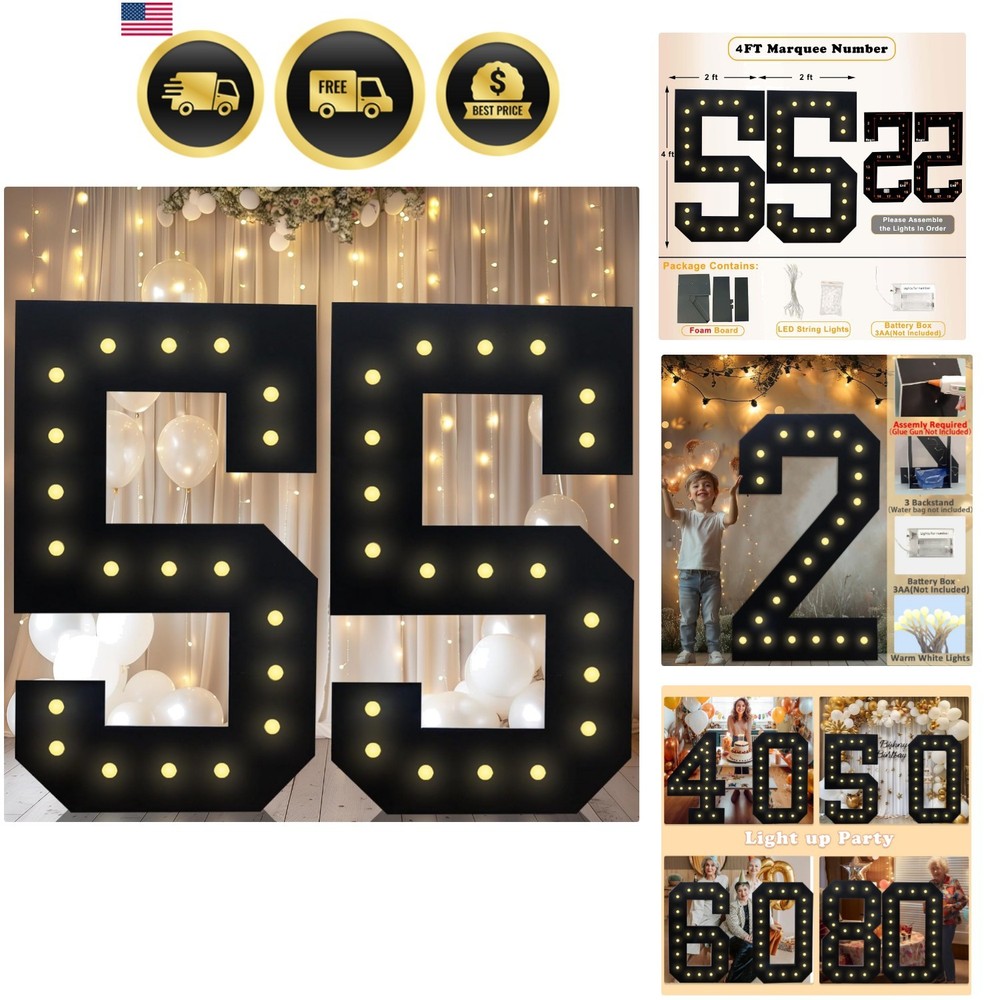 Giant Number 55 Marquee Light 4FT Black Birthday Party Decoration LED Lights