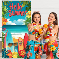 Hello Summer Decorations Surfboard Beach Door Cover Backdrop 71X35 Inch