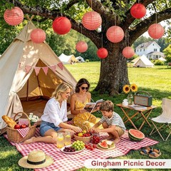 16pc Red Gingham Paper Lantern Party Decorations; Picnic BBQ Italian Theme
