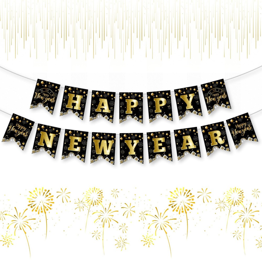 Happy New Years Eve Decorations 2026 – Black Gold Happy New Year Banner, New