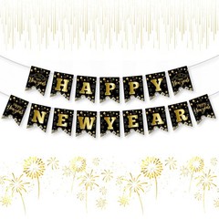 Happy New Years Eve Decorations 2026 – Black Gold Happy New Year Banner, New