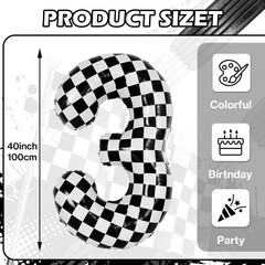 40 Inch Checkered 3 Balloons, Black and White Foil Number 3 Balloons for Race…