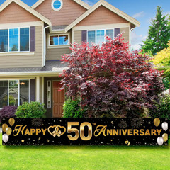 50Th Wedding Anniversary Banner, Golden 50 Years Decorations, Sturdy Fabric Back