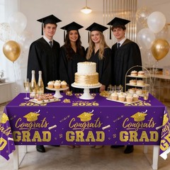 Graduation Decorations 2026, Purple and Gold Graduation Tablecloths, 2 Pack Cong
