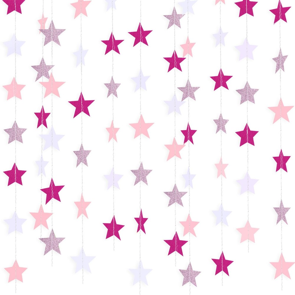 Patelai Glitter Star Garland Banner 2026 130 feet, Pink,rose Red,white